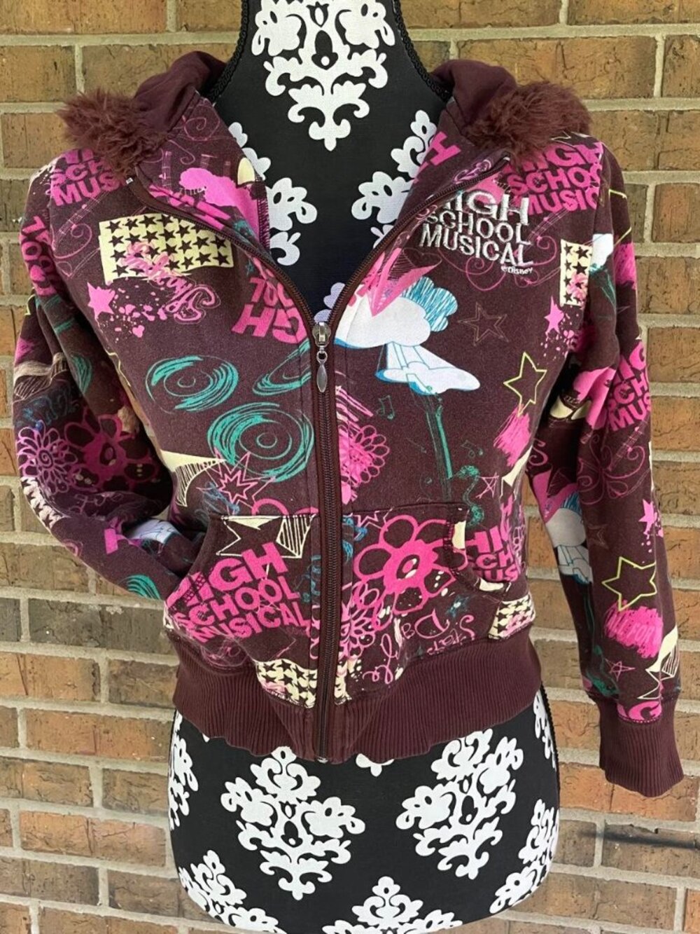 2000's Y2K High School Musical Disney Fur Trim All Over Print Jacket Kid's 12/14